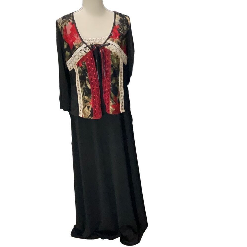 Twyla & Blu 2 pc Maxi Dress Long Sleeve Jacket Embroidered Lace Cups Black Large